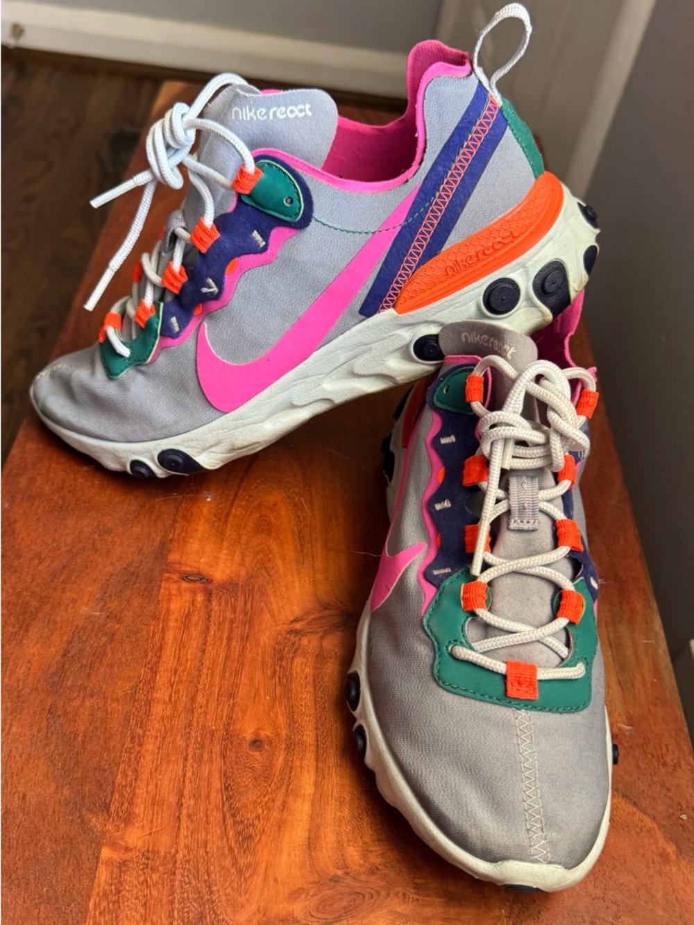 Nike React Element 55 Sneakers - Pink, Gray & Orange with Green Accents